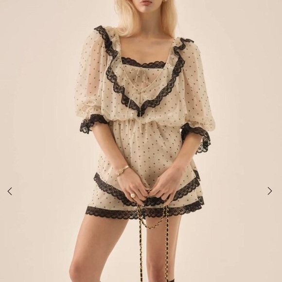 For Love & Lemons Polka Dot Dress with Black Lace Trim - Picture 4 of 4